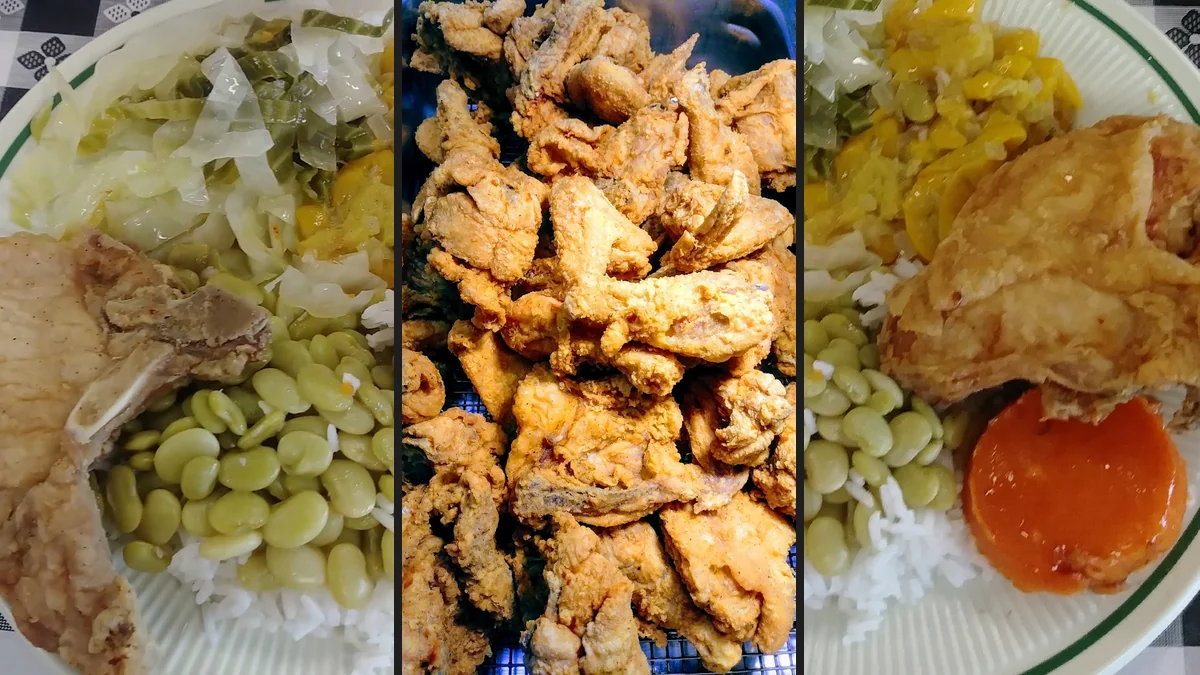 Buffet trays with Southern sides and fried chicken.