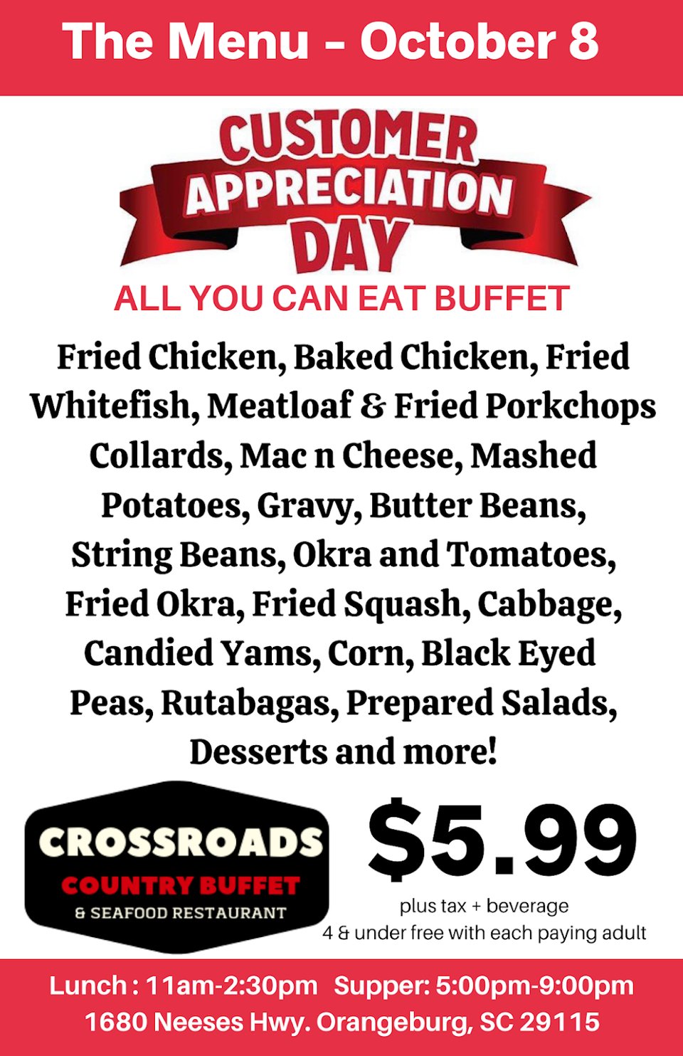 Buffet menu featuring fried fish and collard greens.